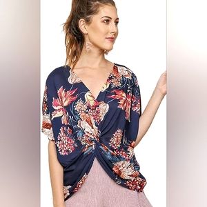 Umgee Twist Knot Blue Floral Blouse